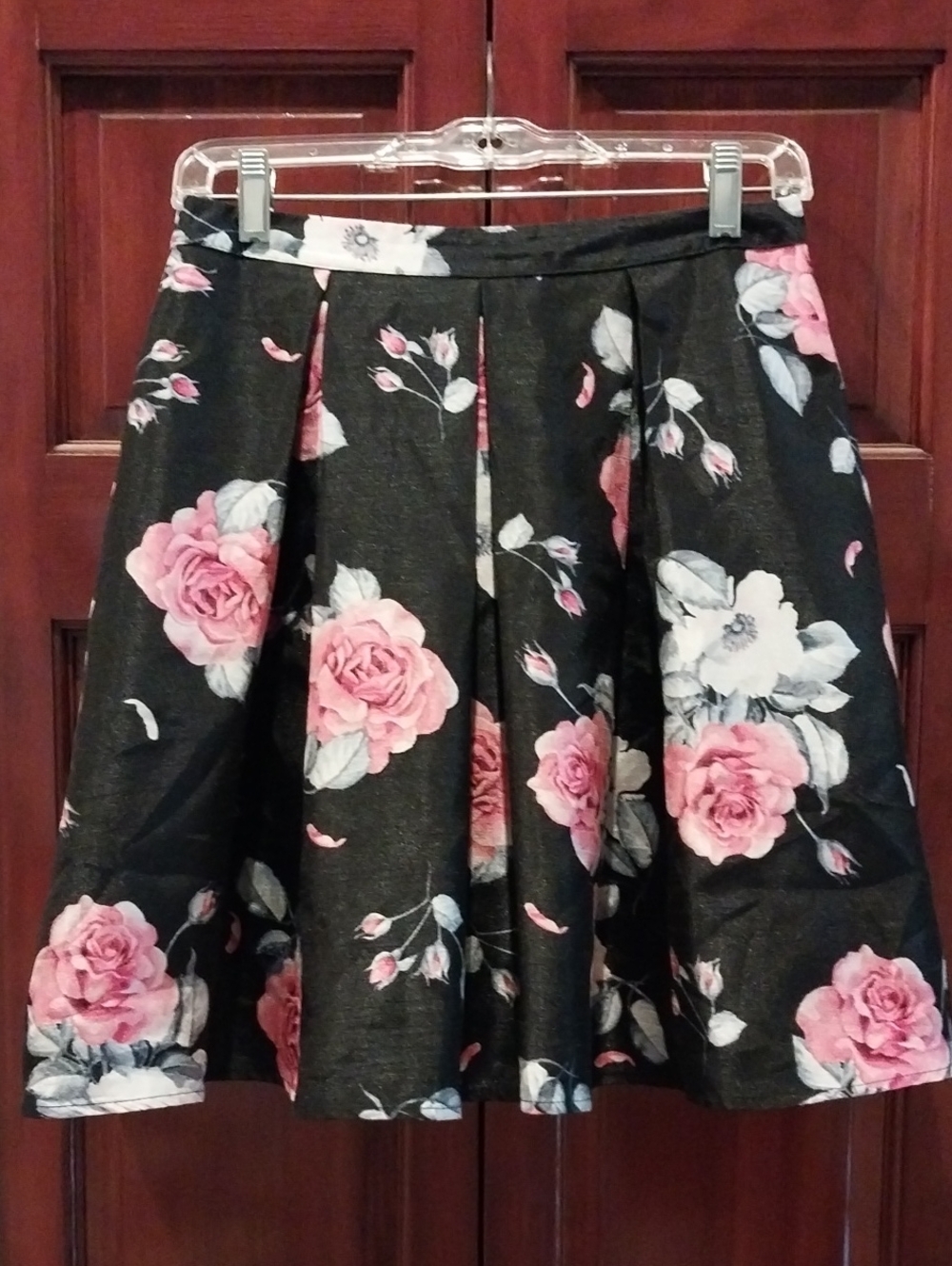 Sequin Hearts Black Skater Skirt with Pink Rose Floral Print